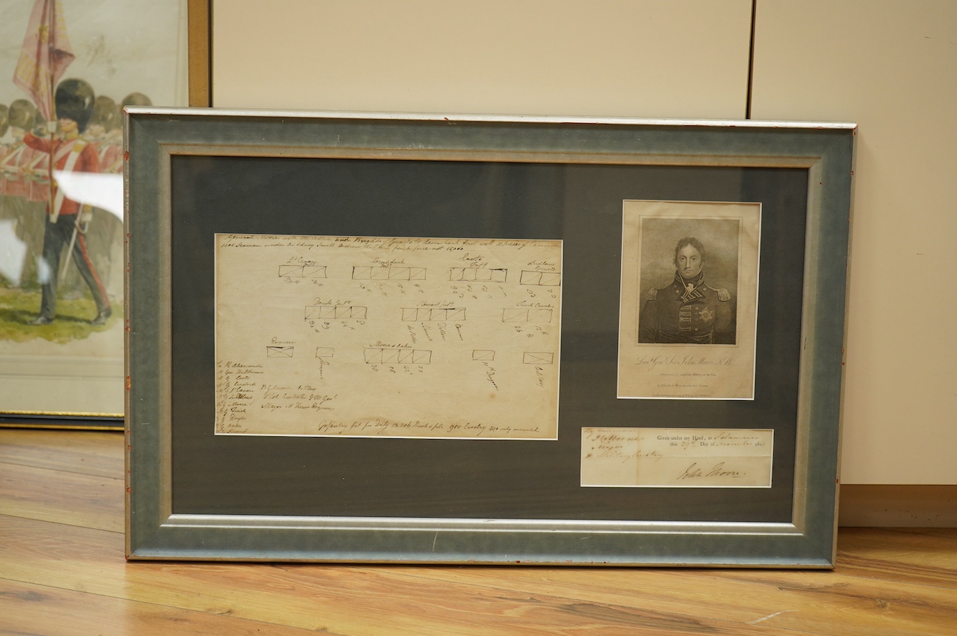 A framed Napoleonic military document relating to Lieutenant General Sir John Moore and the Peninsula Wars, including details of the placing of infantry units and signed on a partly pre-printed official document at Salam